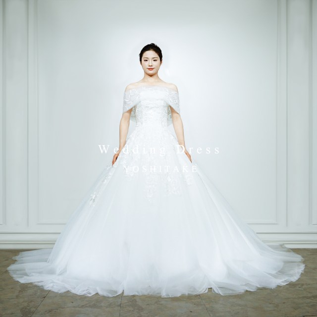 ウエディングドレス.白.チュール.オフショルダー.Aライン.レース.Y2586  