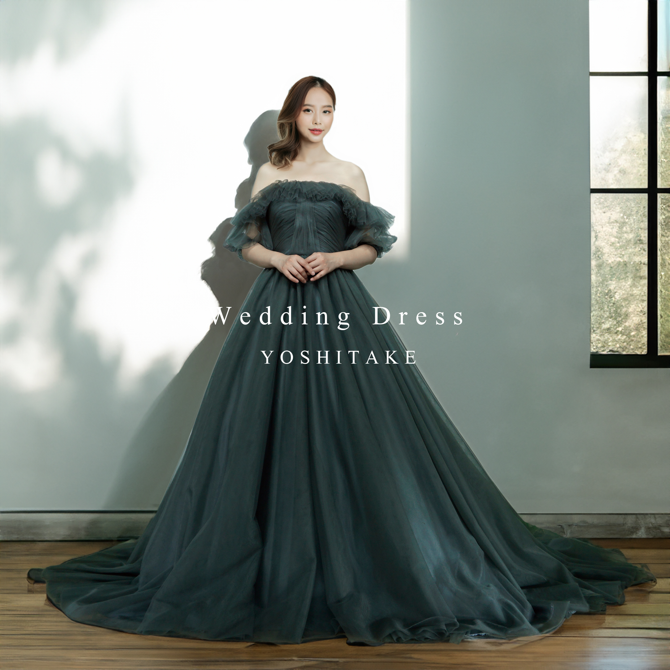 ウエディングドレス.グレー.カラードレス.オフショルダー.Aライン