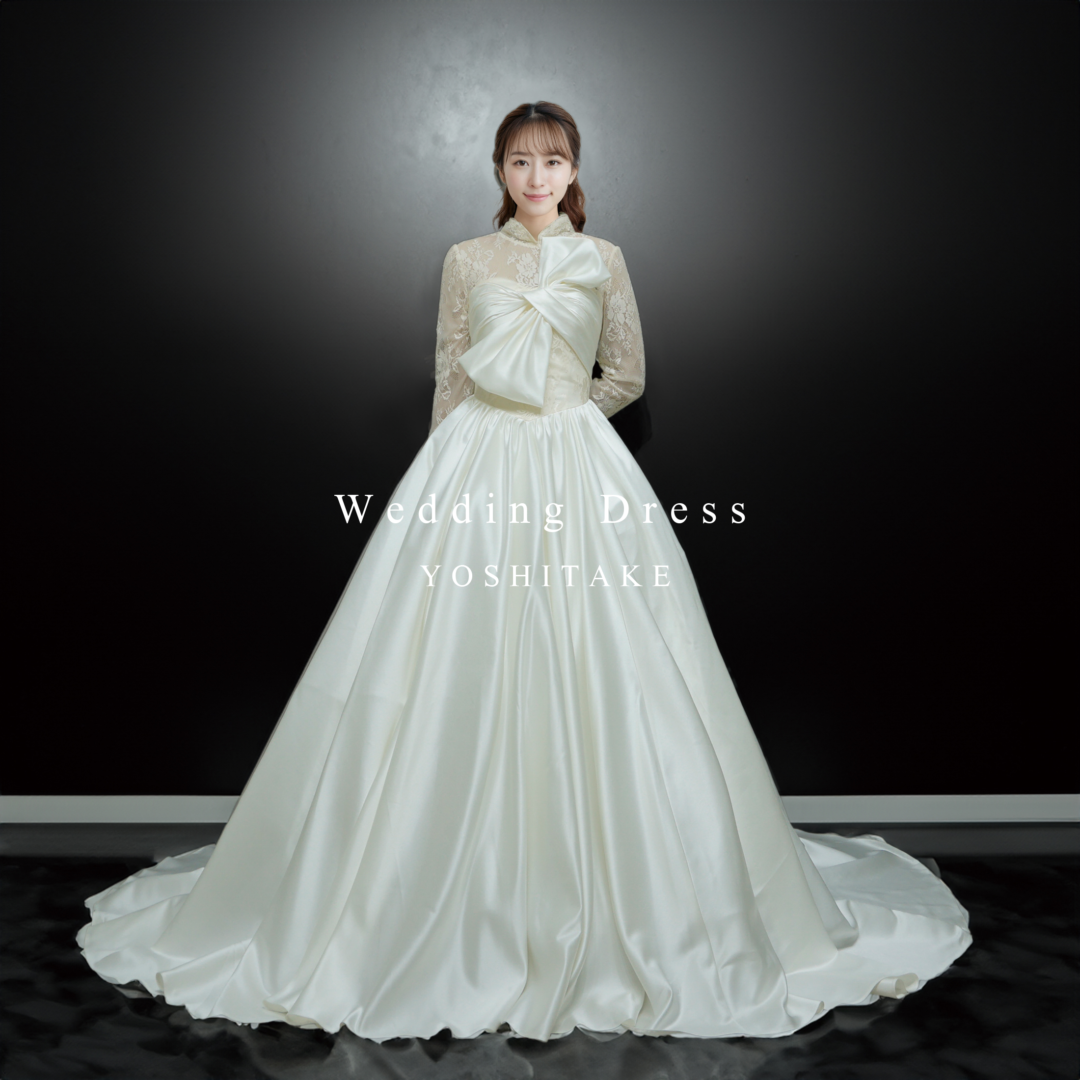 ウエディングドレス.白.レース.リボン.Aライン.サテン.パニエ付き