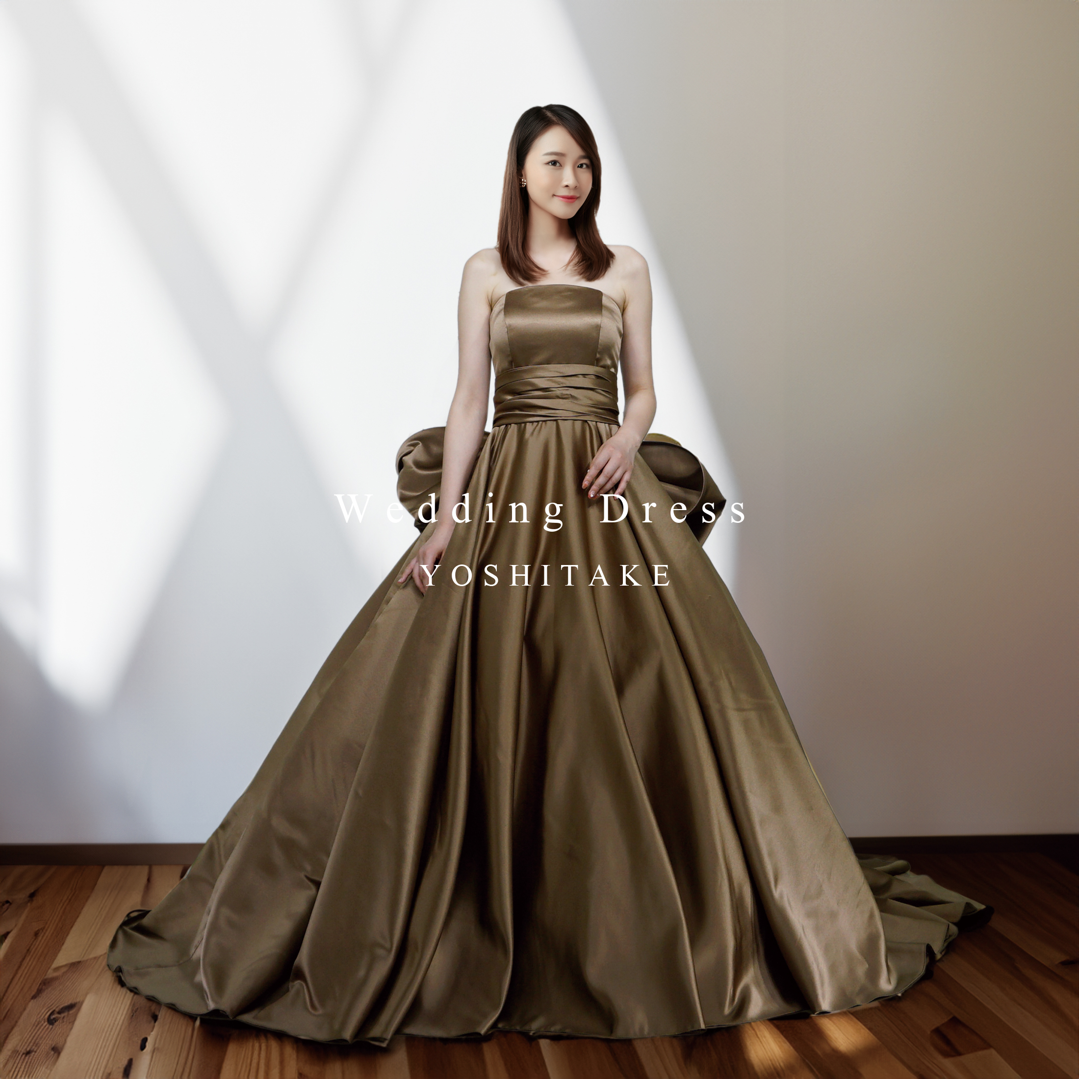 ウエディングドレス.ブラウン.カラードレス.Aライン.サテン.リボン