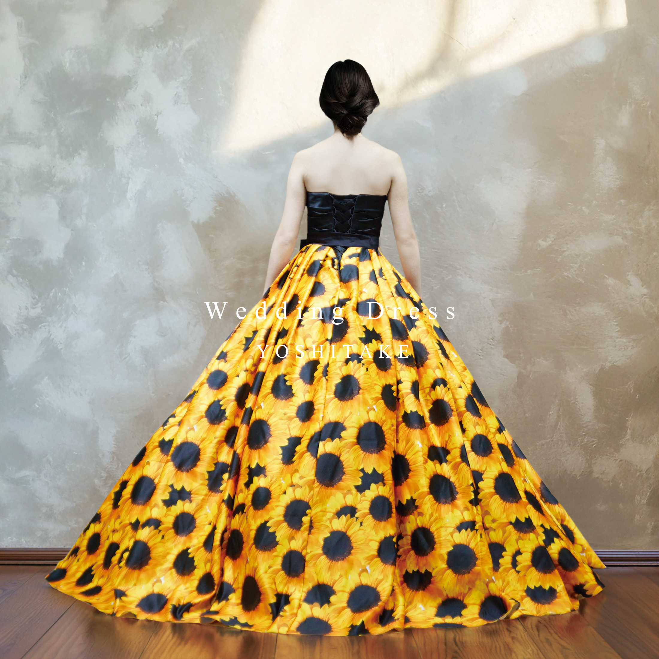 ウエディングドレス.カラードレス.ブラック×ヒマワリ.パニエ付き.Y1156